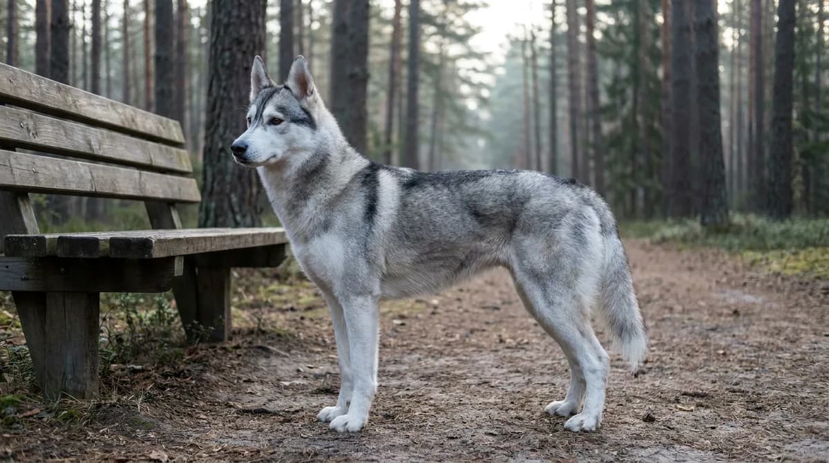 Gray-and-white adult Siberian Husky standing in profile beside a wooden trail bench