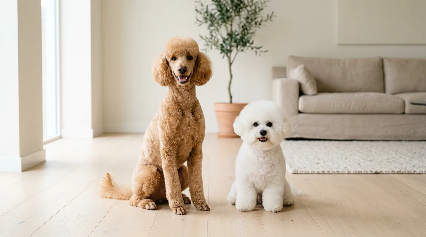 A curly apricot Standard Poodle and a fluffy white Bichon Frise sitting together on a clean hardwood floor in a bright living room, representing low-shedding hypoallergenic dogs