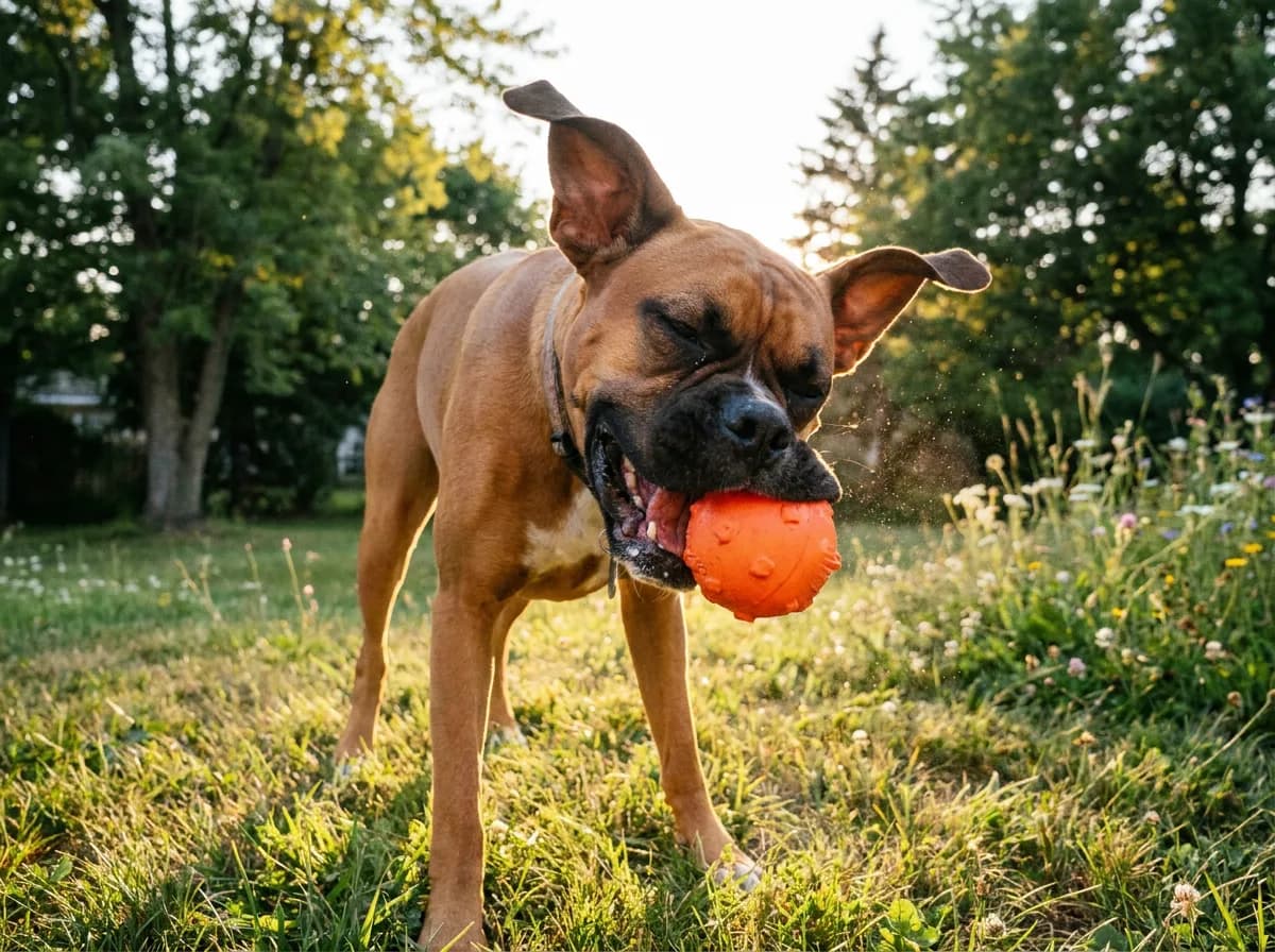 Fawn boxer in a backyard at golden hour chomping an orange rubber squeaky ball with its ears flying