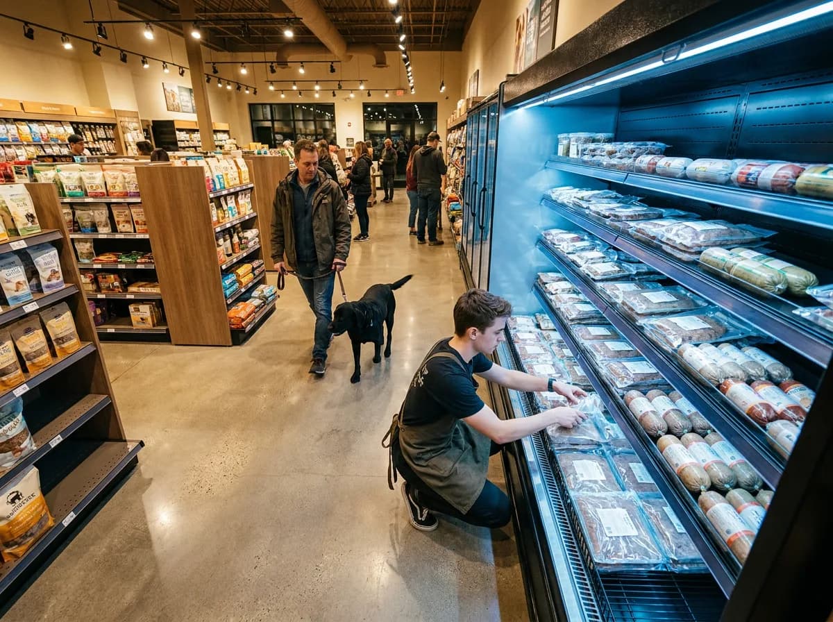 Retail associate restocking an open refrigerated pet food cooler with unbranded fresh dog food packs in a pet store