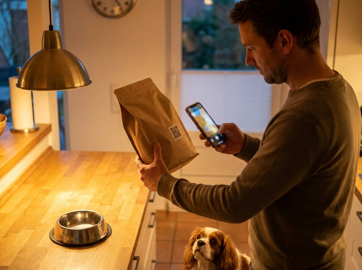 Man scanning a QR code on an unbranded pet food package with his phone while a Cavalier King Charles Spaniel waits at his feet