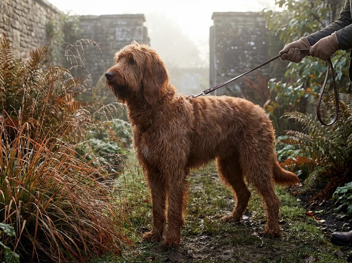 Red Irish Doodle walking on a leash along a stone woodland path