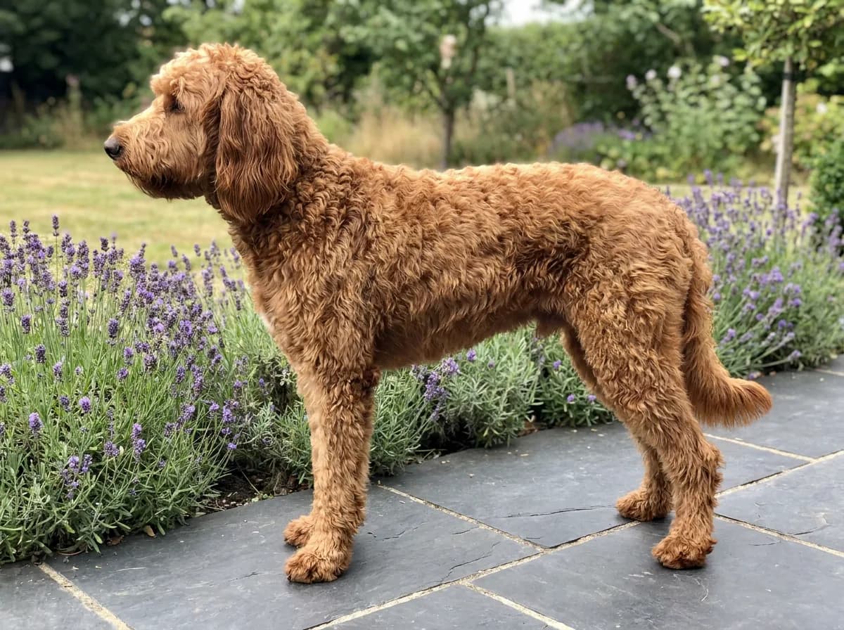 Curly red Irish Doodle standing on garden paving