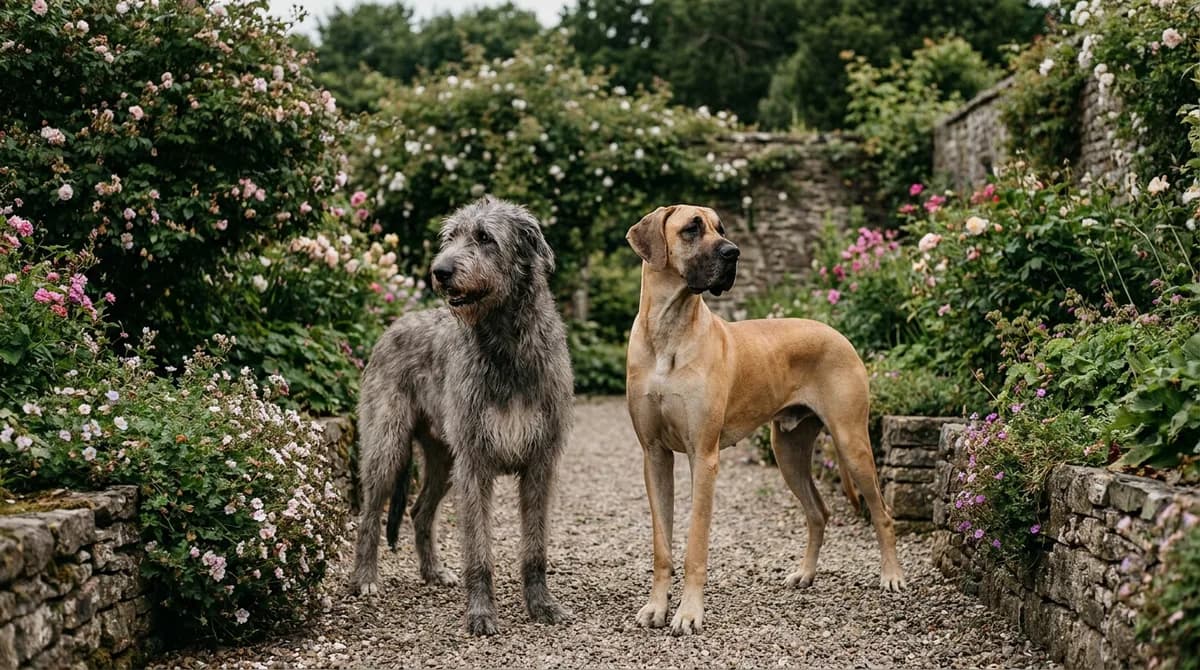 Irish Wolfhound and fawn Great Dane standing together in a garden.