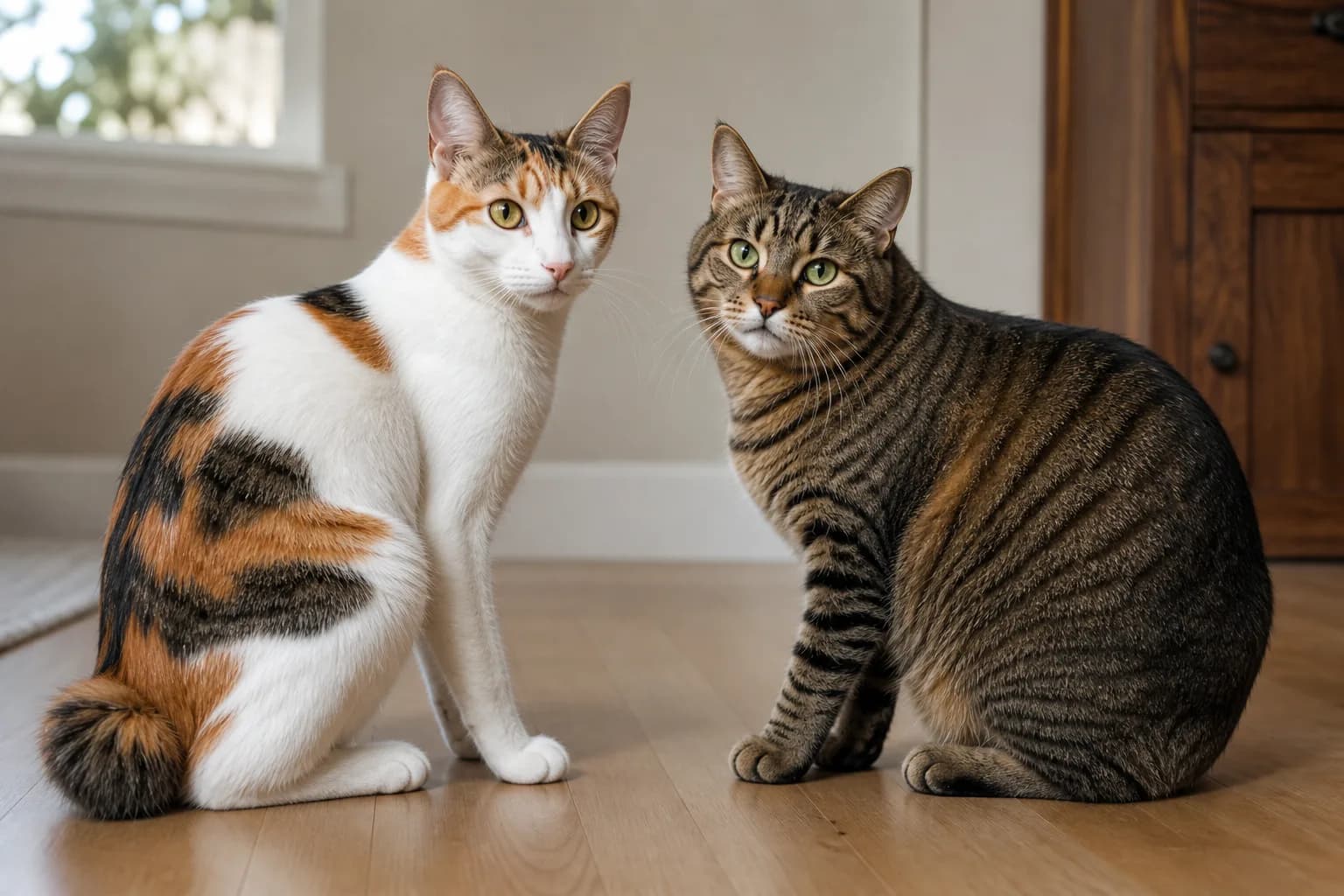 Japanese Bobtail and Manx sitting side by side in profile with their different body shapes and tail areas visible