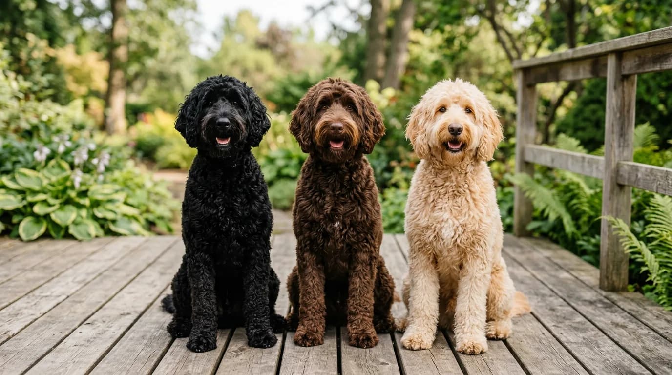 Three Labradoodles with black, chocolate, and cream coats sitting side by side on a wooden deck