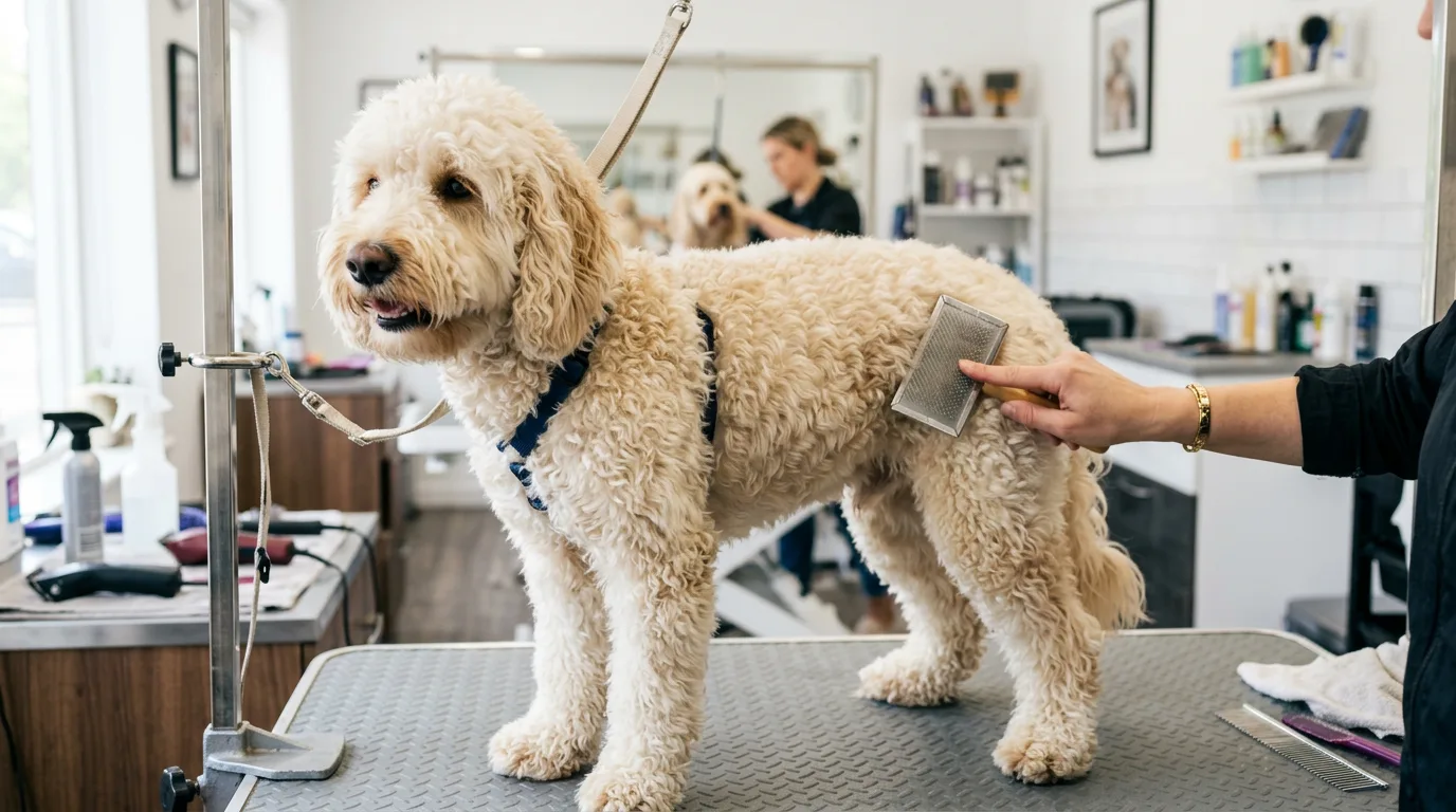 A cream Labradoodle standing on a grooming table being brushed with a slicker brush in a grooming salon