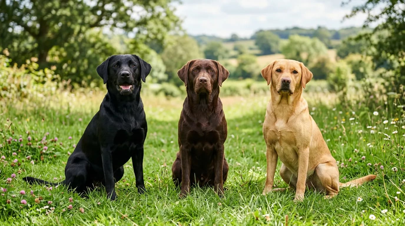 three Labrador Retrievers sitting side by side on grass, one black, one yellow, one chocolate, showing the three standard breed colors