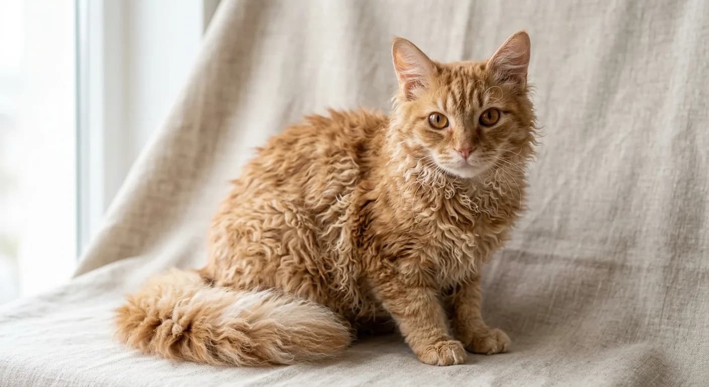 A medium red tabby LaPerm cat with a soft springy coat of loose ringlets and corkscrew curls, curliest on the belly and throat, curly whiskers, a plumed curly tail, a rounded-wedge head and large flared tufted ears, sitting on a neutral background