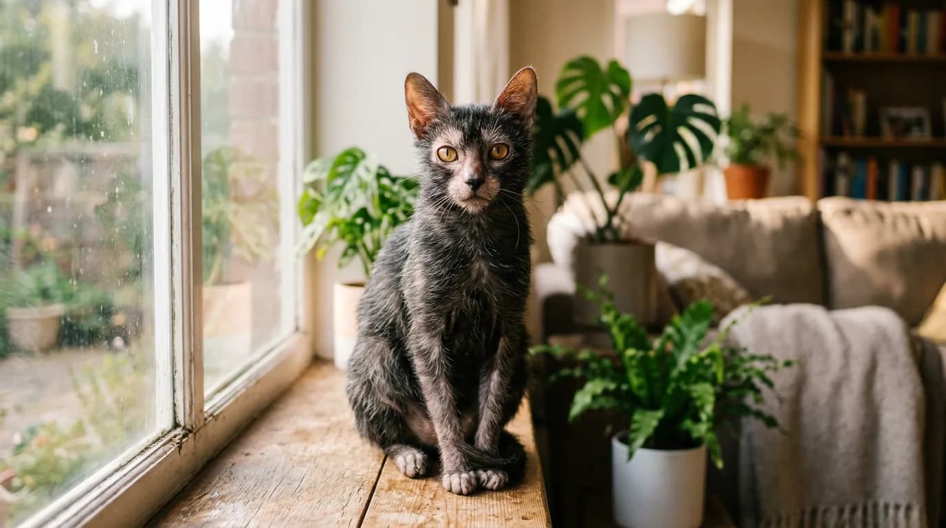 A partially hairless Lykoi cat with a patchy black roan coat and bald masking around its amber eyes sits in soft window light.