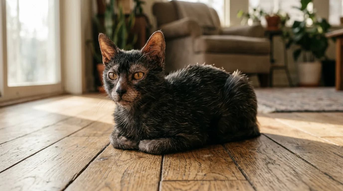 A partially hairless roan-coated Lykoi cat with a wolfish masked face resting alertly in soft natural light.