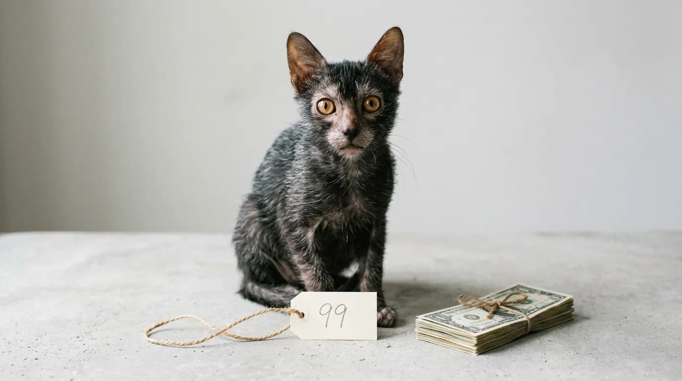 A black roan Lykoi cat sits beside a small price tag and a stack of cash on a clean studio surface.