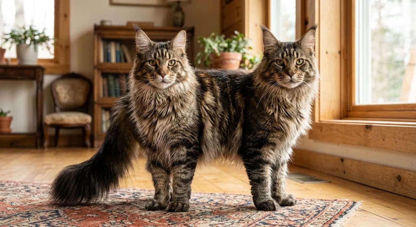 Full-body portrait of an adult Maine Coon with thick tabby coat and prominent ear tufts, standing in warm natural window light showing breed size