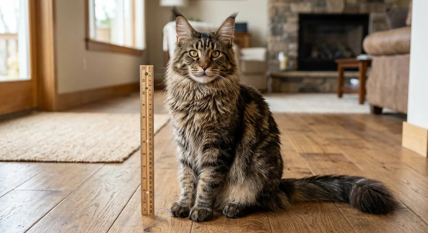 A large adult male Maine Coon cat with a thick brown tabby coat sitting upright on a wooden floor, showing full body size next to a ruler for scale