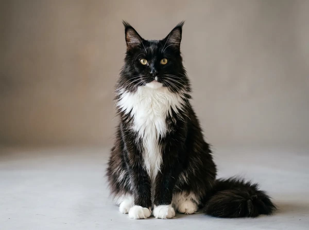 A large black-and-white tuxedo Maine Coon cat sitting upright, showing its white chest bib, white paws, lynx-tipped ear tufts, and full neck ruff against a soft neutral background