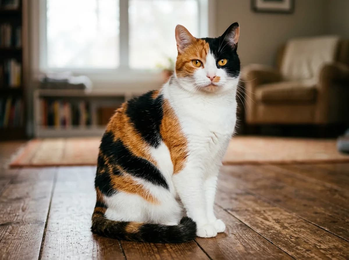 Male calico cat with bold orange and black patches on a mostly white coat sitting upright on a wooden floor and looking directly at the camera