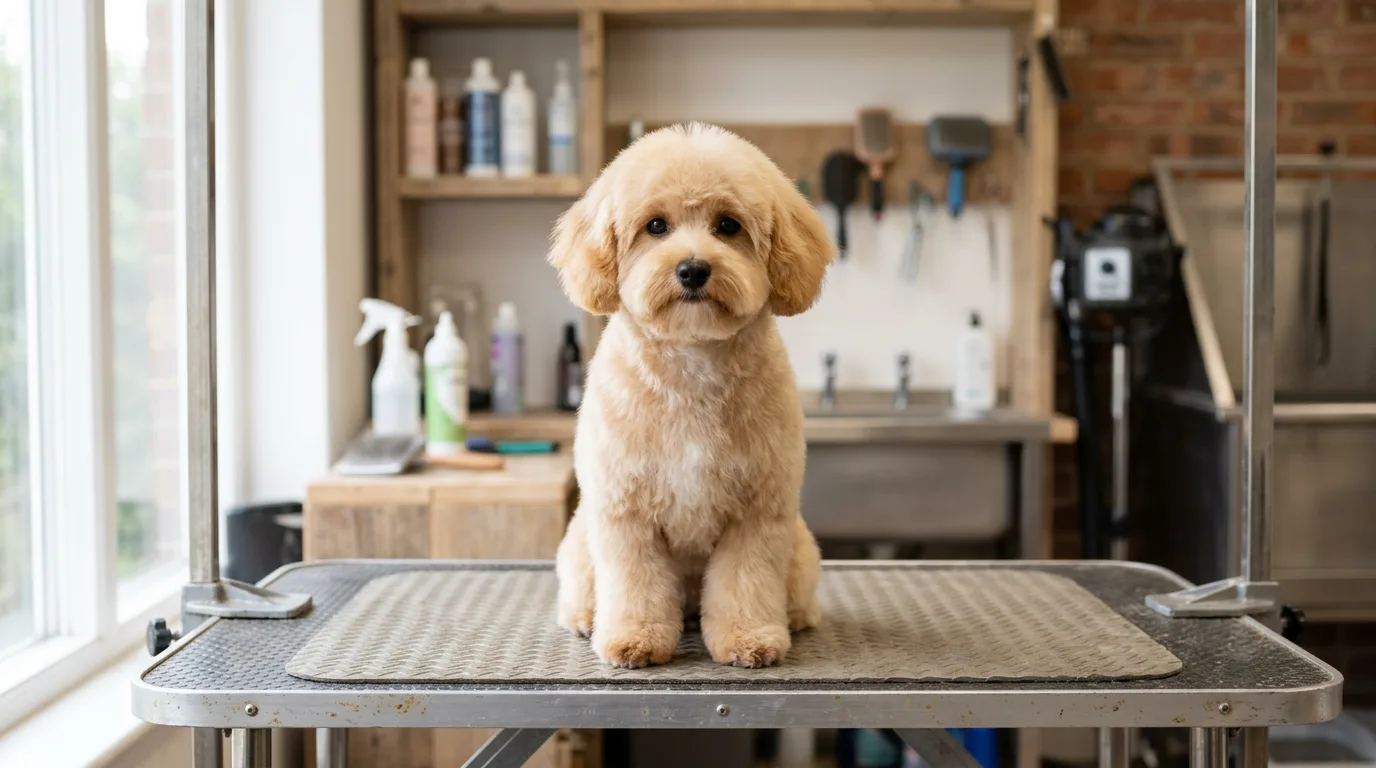 apricot Maltipoo freshly groomed in a fluffy teddy bear cut sitting on a metal grooming table, front-on, soft studio light