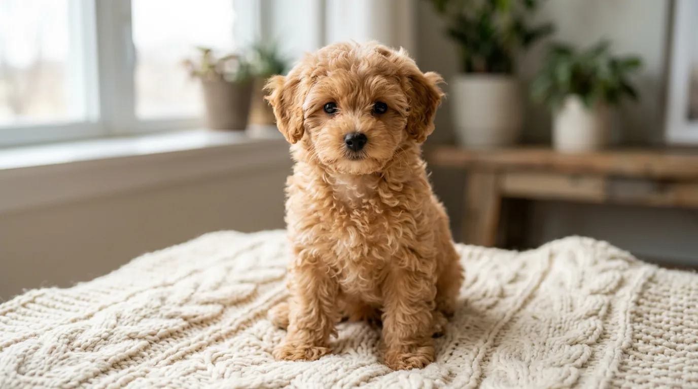 apricot Maltipoo puppy sitting upright on a cream knit blanket, soft window light, looking at camera