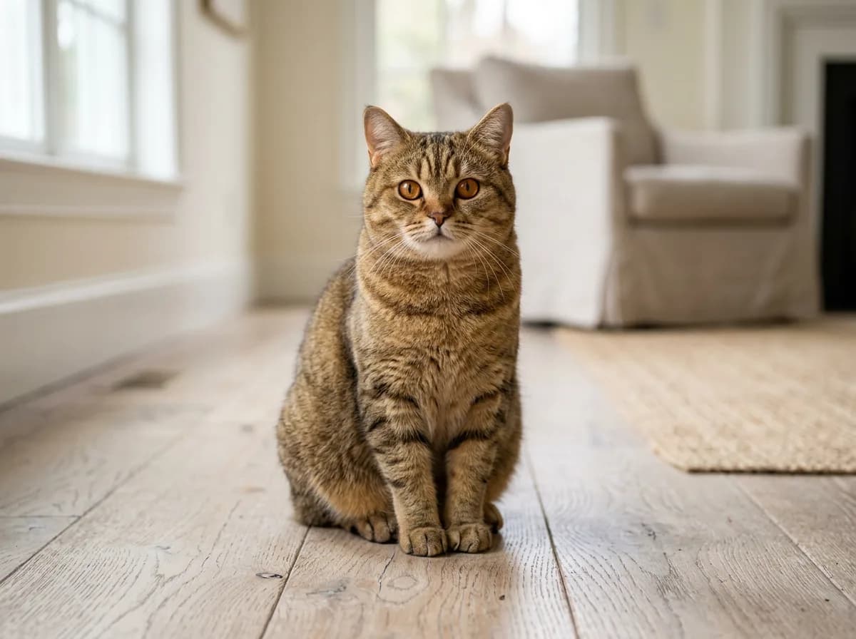 A plush tailless tabby Manx cat with bright copper eyes sitting upright on a light wood floor in soft natural window light