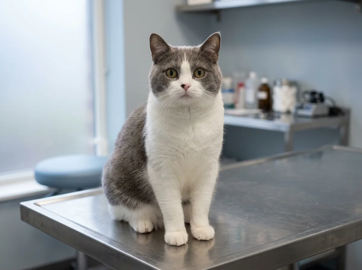 A tailless grey and white Manx cat sitting upright on a stainless steel veterinary exam table, calm in a softly lit clinic room