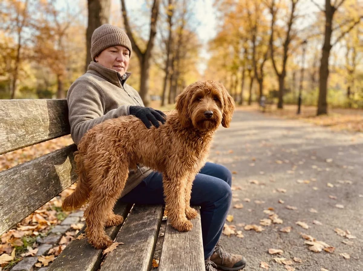 Small red curly-coated doodle standing on a bench beside a caregiver