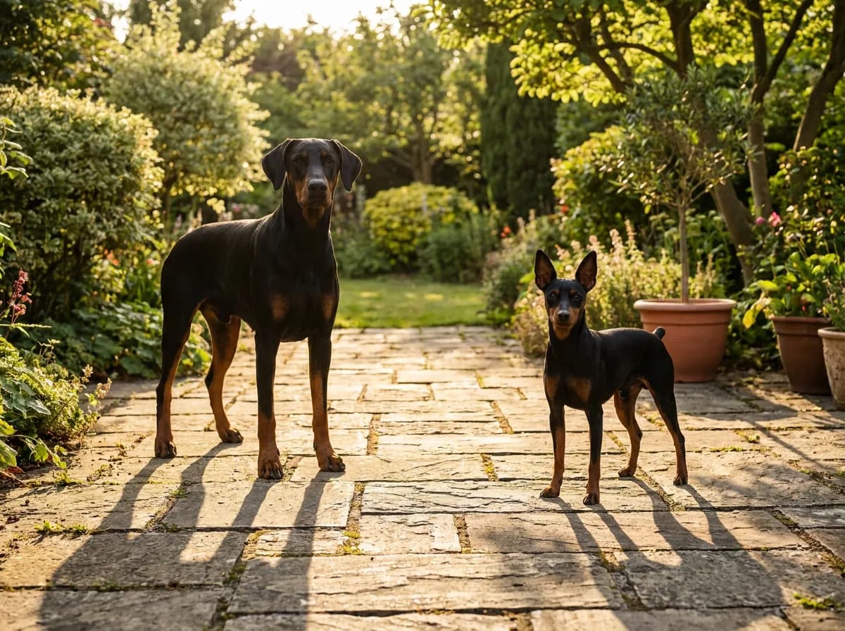 Brown Doberman beside a smaller black-and-rust Miniature Pinscher on a garden patio.