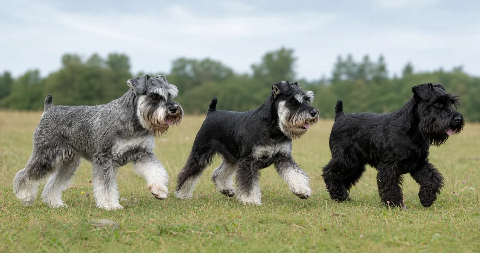 Three adult Miniature Schnauzers representing recognized coat patterns