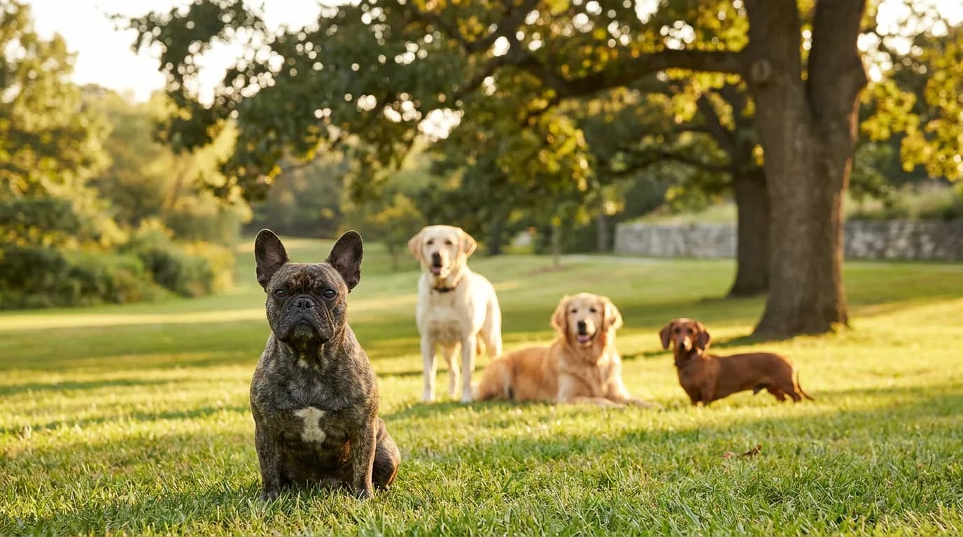 French Bulldog sitting in front of a Labrador Retriever, Golden Retriever and Dachshund on a sunny park lawn