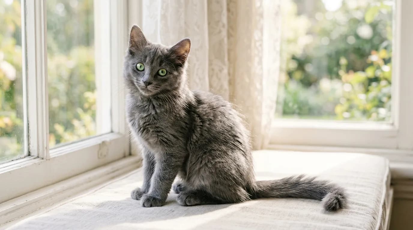 A young blue-grey Nebelung kitten with bright green eyes sitting in soft window light, its silver-tipped coat just beginning to lengthen.
