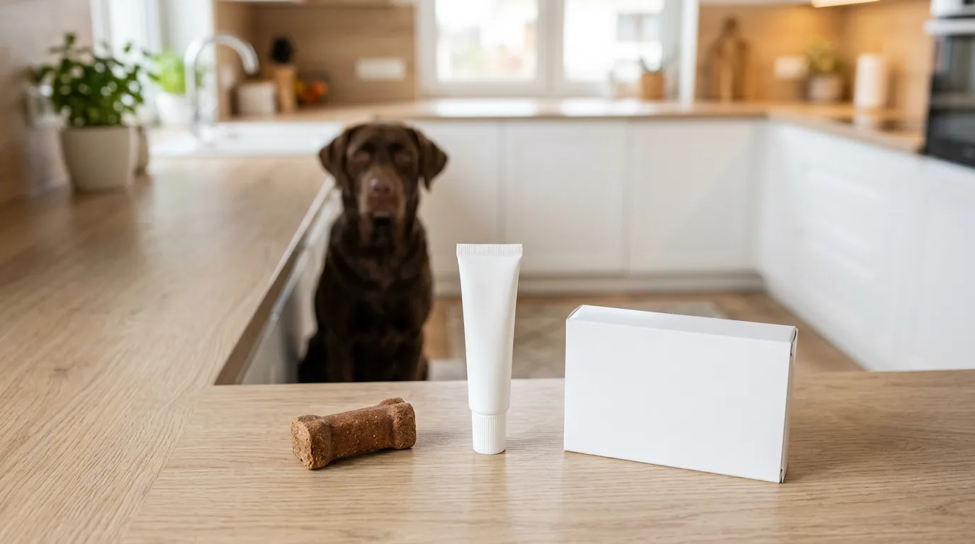 A generic beef-flavored oral flea chew, a plain unbranded applicator tube, and a blank white medication box on a kitchen counter with a chocolate Labrador in the background
