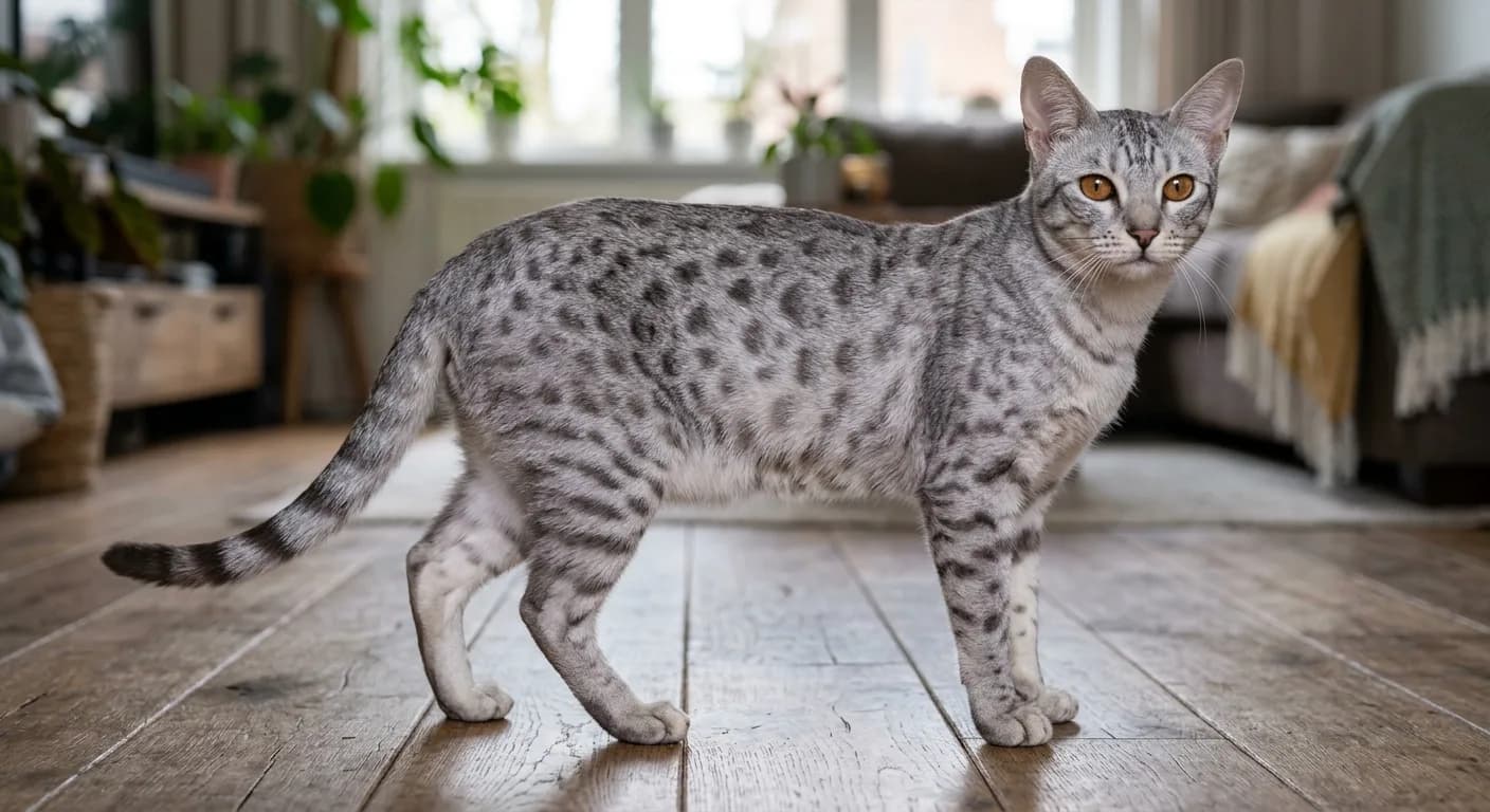 A blue (slate-grey) Ocicat standing alert on a wooden floor showing the full long muscular body, deep chest and substantial bone, cool grey thumbprint spots on a pale agouti ground, large ears up and copper eyes, a powerful athletic silhouette