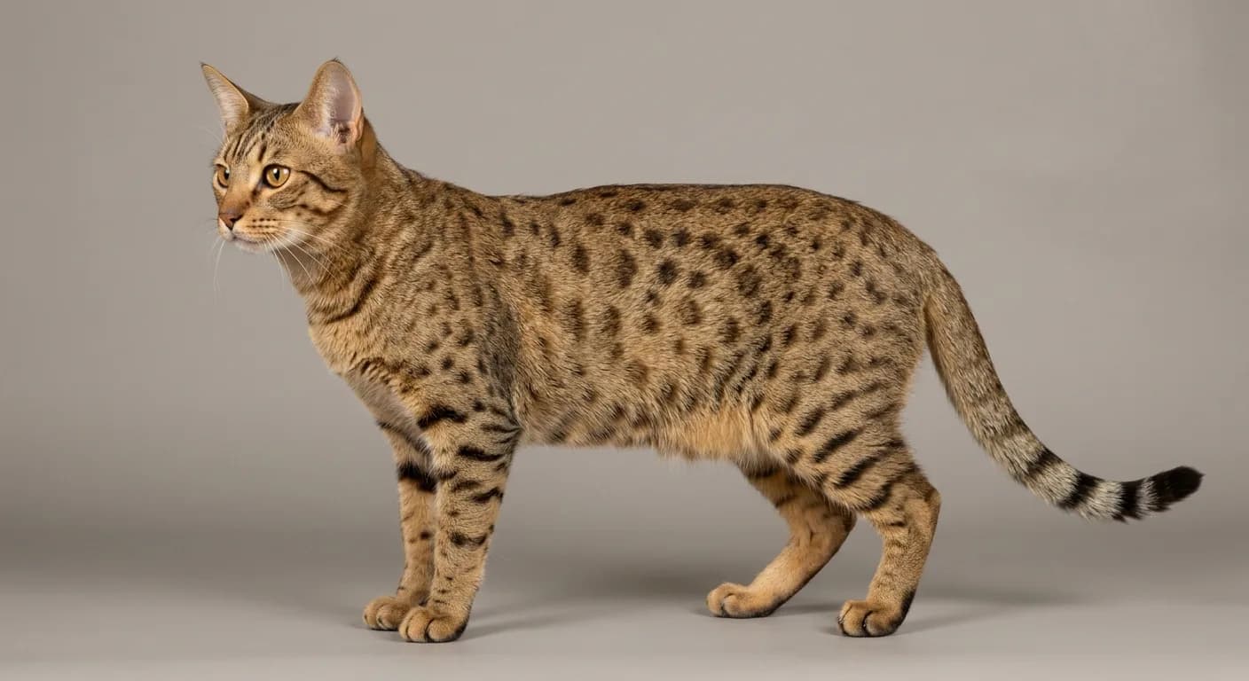 A sleek tawny Ocicat with dark thumbprint spots on a golden agouti coat, a clear M marking on the forehead, large alert ears and large almond-shaped amber eyes, standing in profile on a neutral studio background, every spot crisp