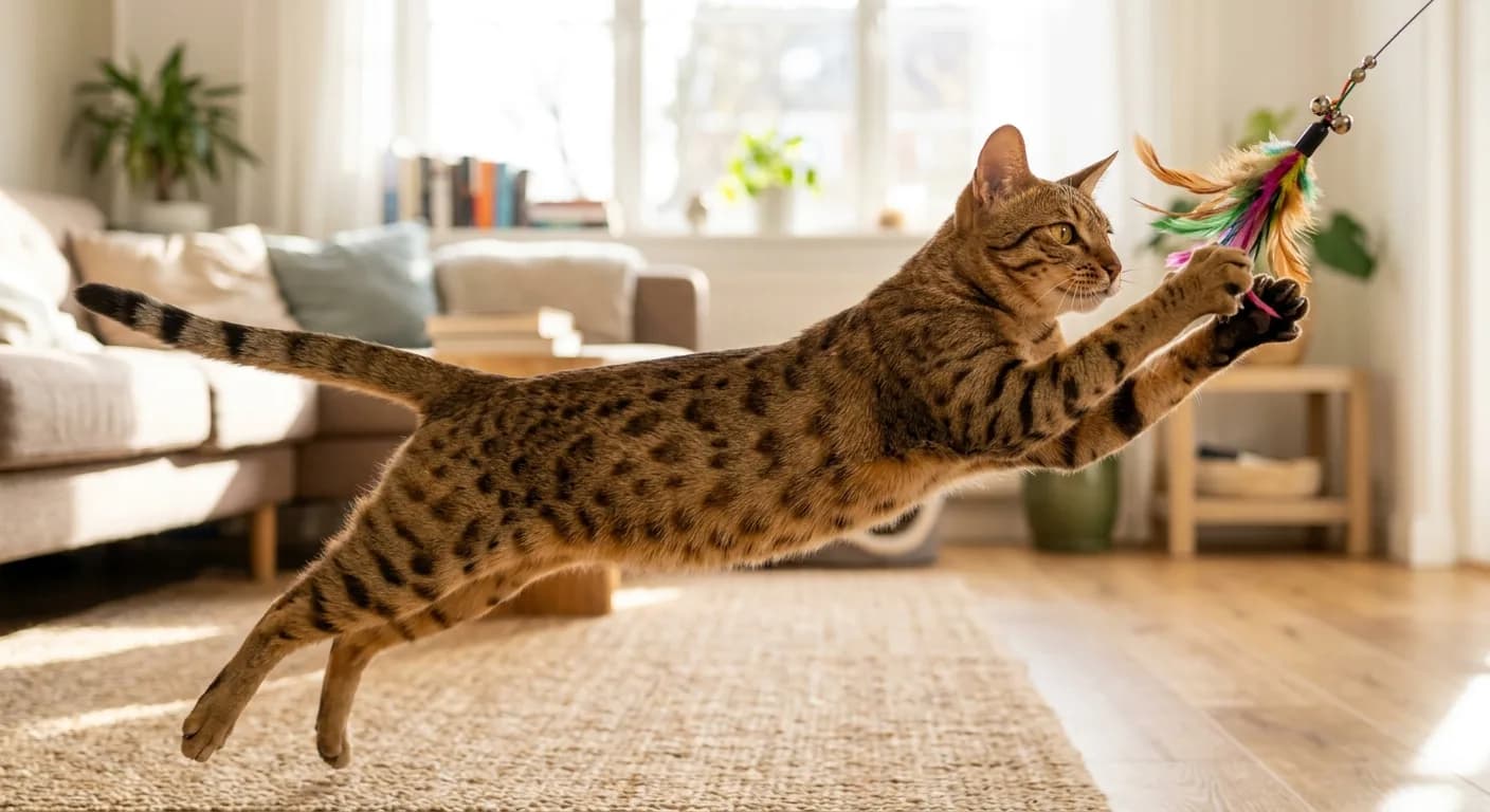 A tawny Ocicat mid-leap reaching for a feather wand toy in a bright living room, body fully extended showing the long athletic frame and spotted flanks, ears forward, amber eyes locked on the toy, conveying high energy and playfulness