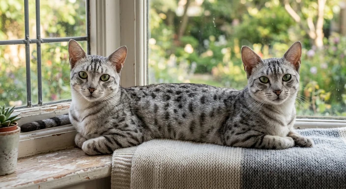 A silver Ocicat (ebony silver) lounging on a windowsill, black thumbprint spots scattered over a sparkling silver-white agouti ground, large green eyes, long muscular body stretched out, daylight catching the sheen of the short coat