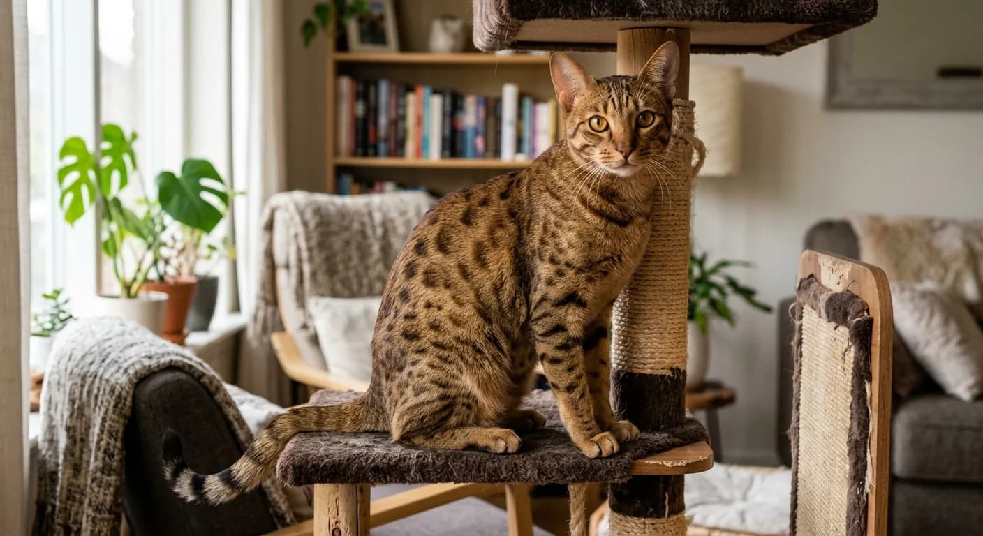 A sleek muscular short-haired spotted Ocicat with dark thumbprint tabby spots on a warm bronze agouti coat and an M marking on the forehead, perched alert and engaged on a cat tree, large almond eyes fixed on its owner, indoors
