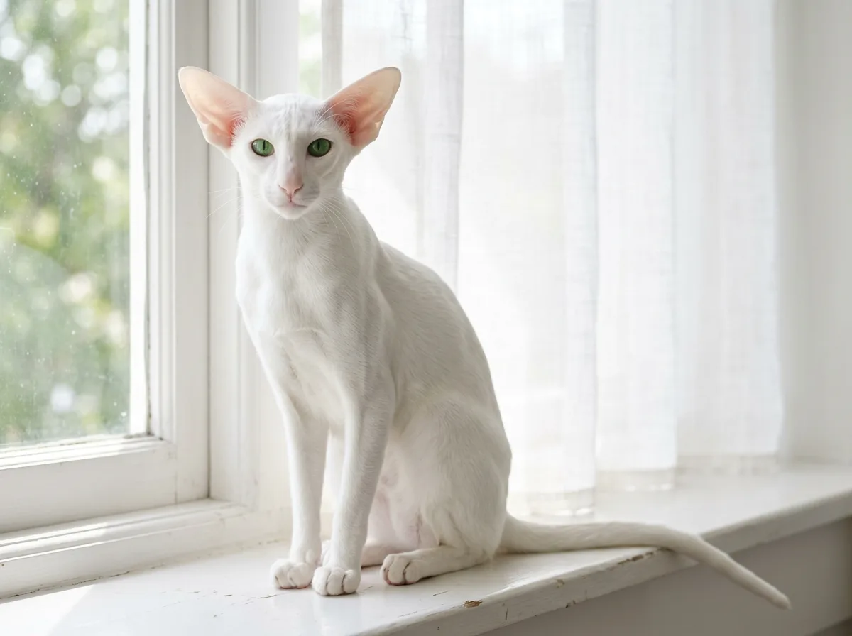 A solid white Oriental Shorthair cat with very large ears and green eyes sitting on a sunlit windowsill, fine short glossy coat lying close to the body