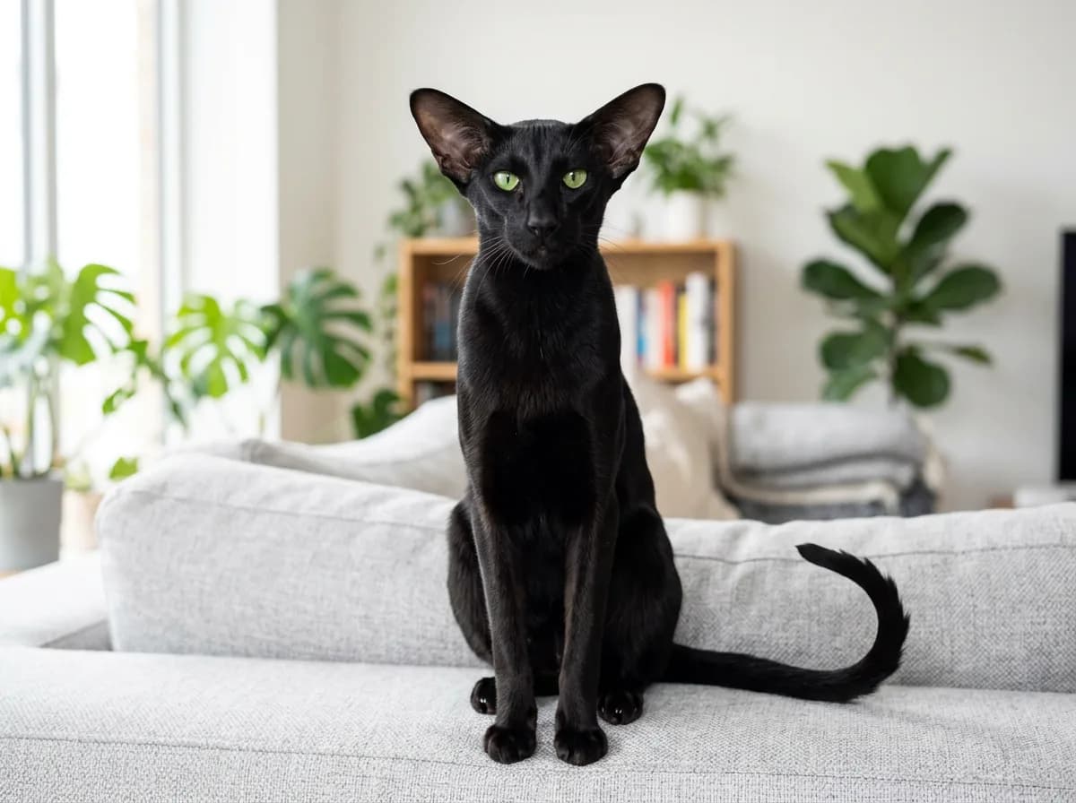 A healthy adult ebony black Oriental Shorthair cat with large ears and green eyes sitting alert on a sofa in a bright living room