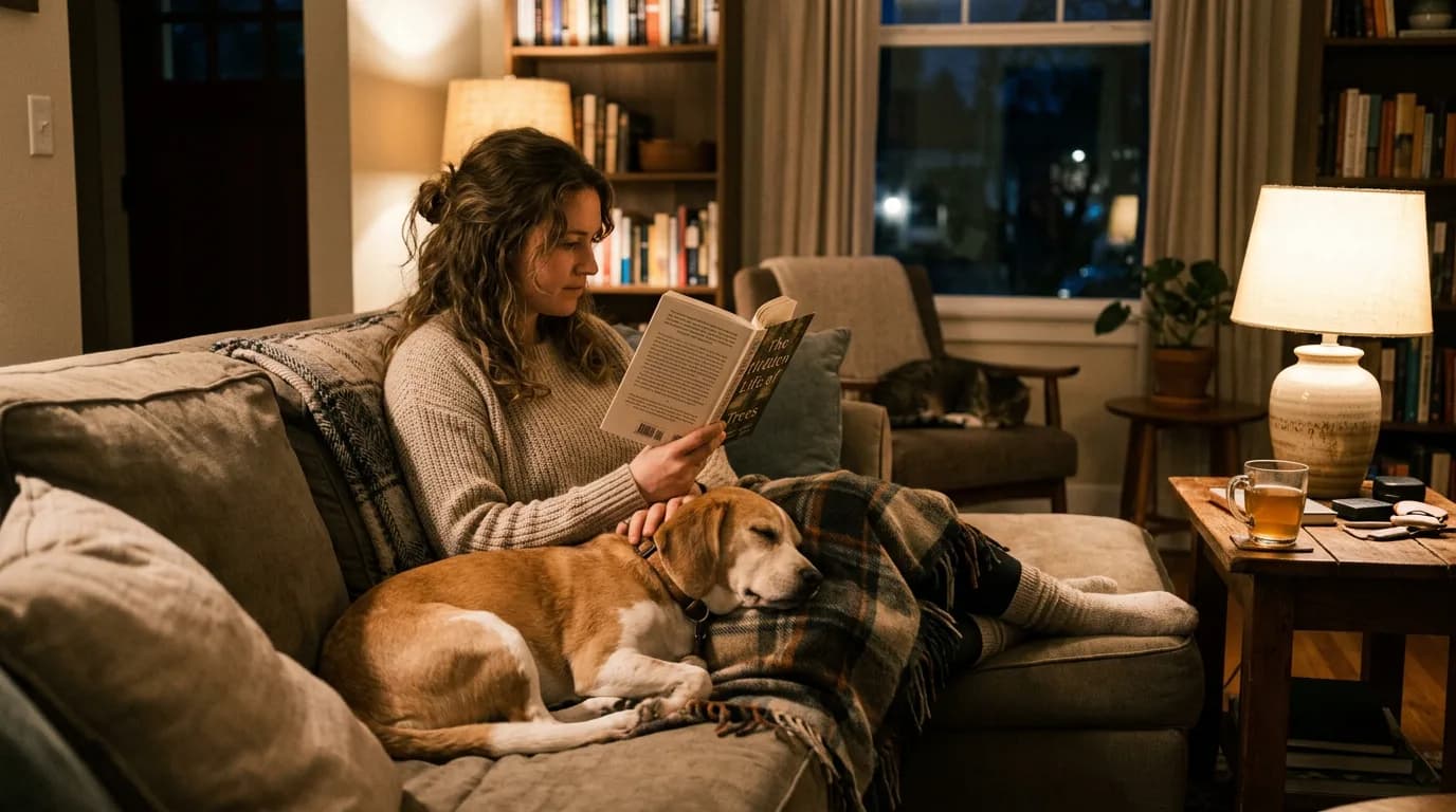 An overnight pet sitter relaxing on a couch in the evening with a beagle-mix dog resting its head on her lap