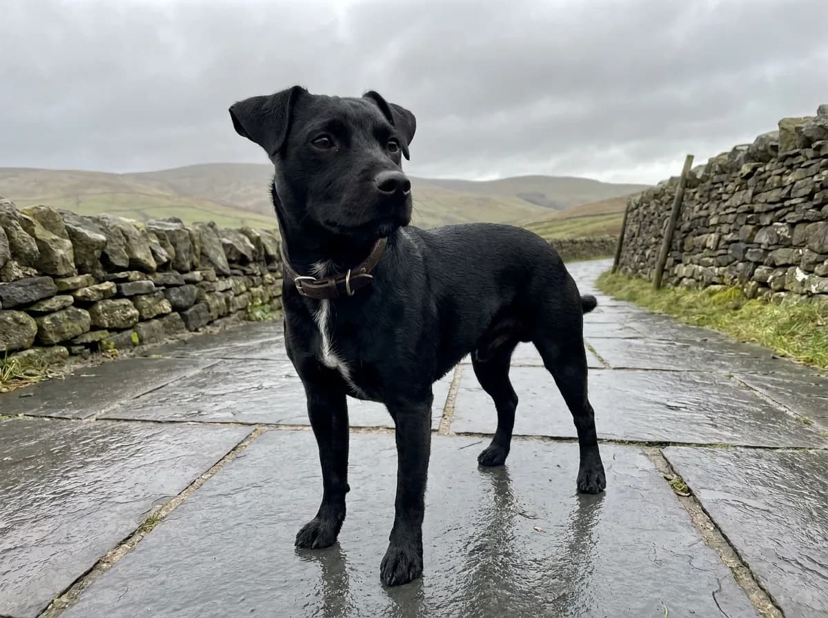 Smooth black Patterdale Terrier standing on a slate path between stone walls