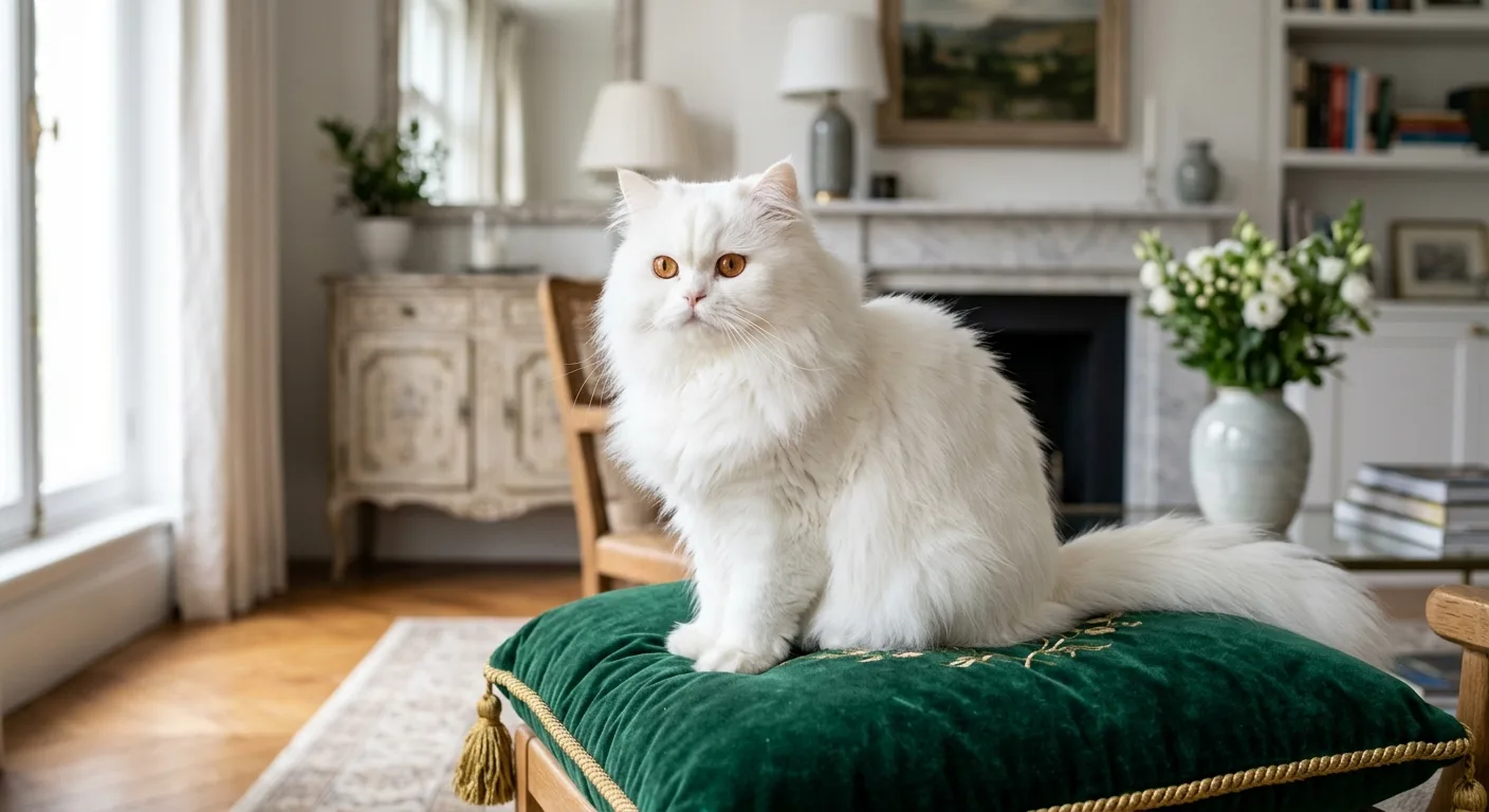 An elegant white Persian cat with a long groomed coat and copper eyes sitting on a plush velvet cushion in a bright upscale living room