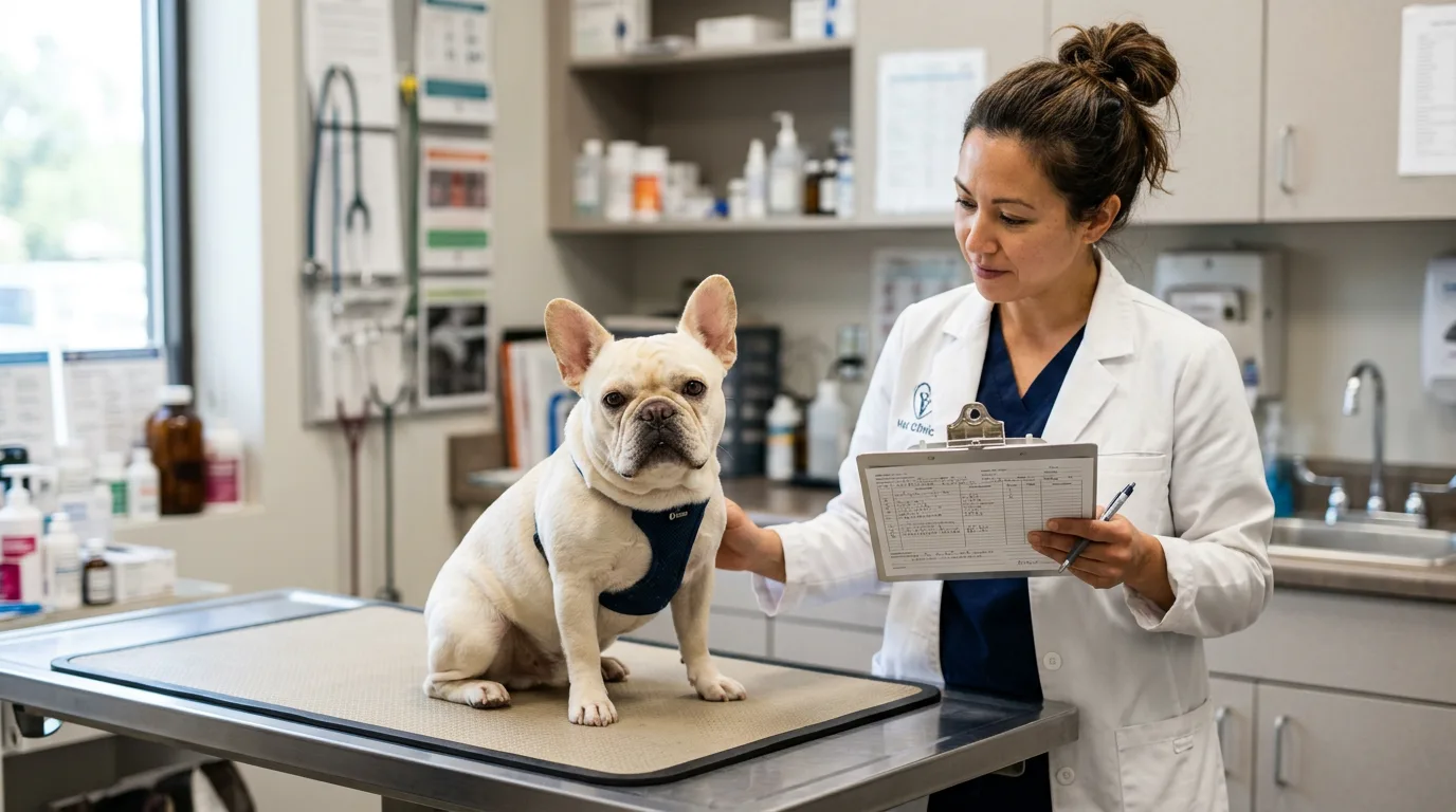 French Bulldog on a veterinary exam table while the vet reviews its medical history