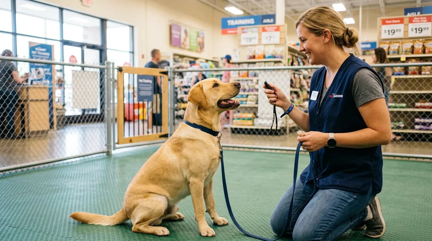 a friendly Labrador sitting attentively beside a trainer holding a clicker inside a bright big-box pet store training ring, price signage softly blurr