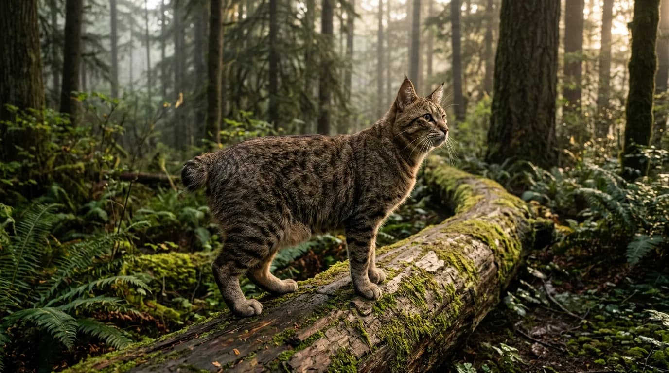 A muscular brown spotted tabby pixie-bob cat with lynx-tipped ears standing on a mossy log in a misty Pacific Northwest forest.