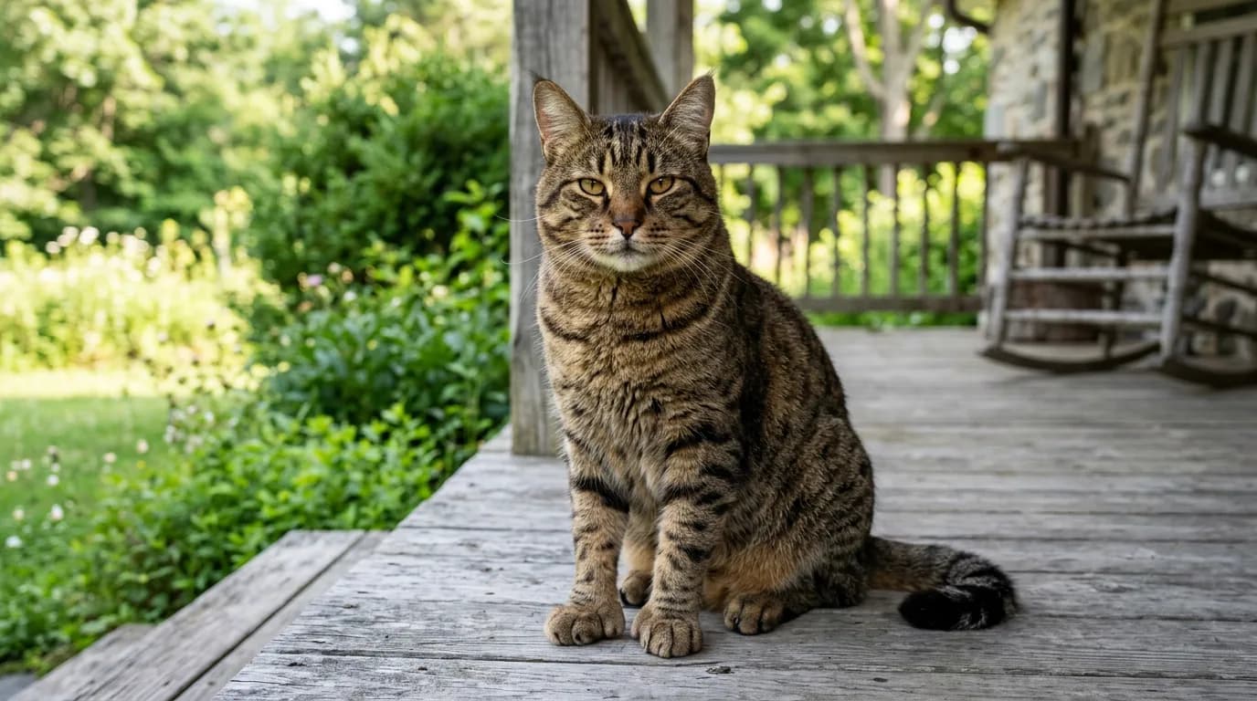 A large brown spotted Pixie-Bob cat with a short bobbed tail sitting on a rustic wooden porch in morning light