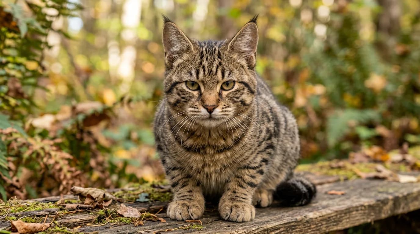 A Pixie-Bob kitten with a wild bobcat look, spotted coat and short bobbed tail.