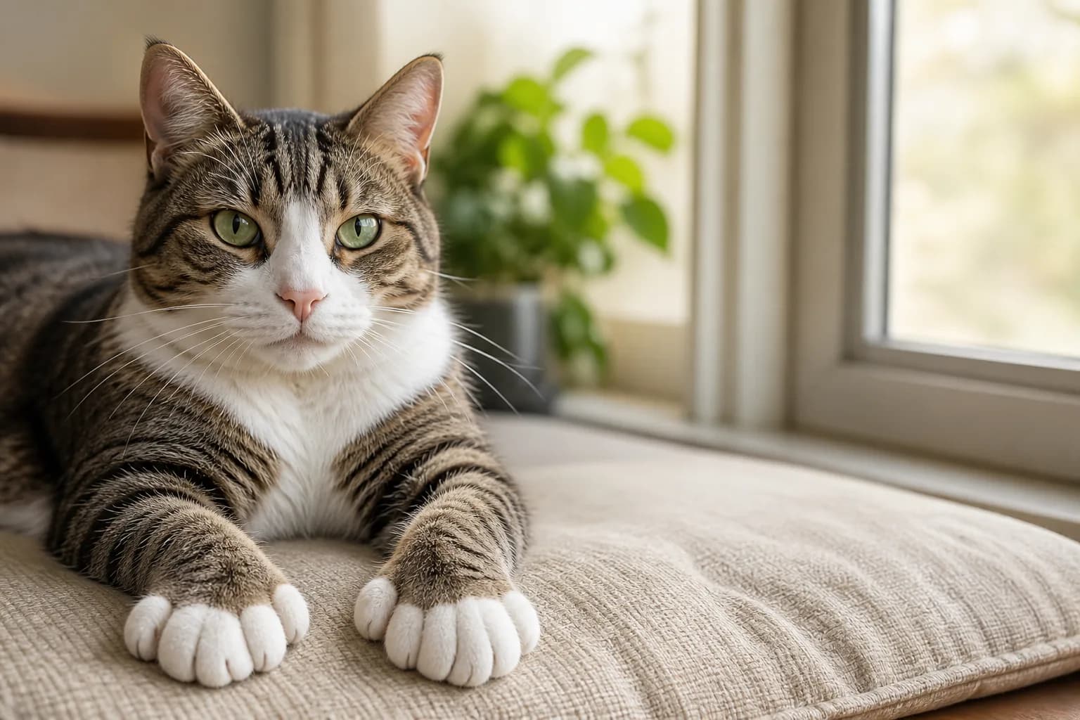 A relaxed polydactyl tabby cat resting with both extra-toed front paws clearly visible