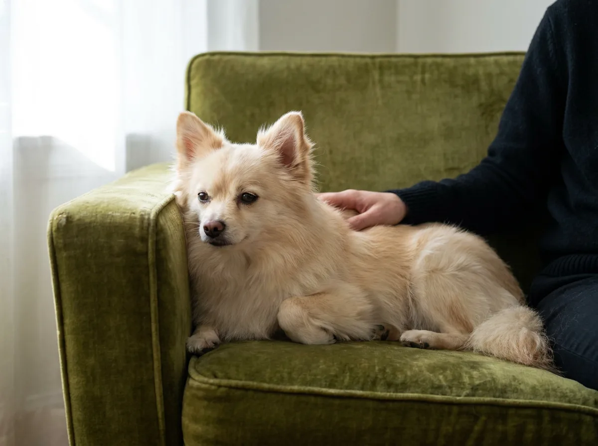 Cream mixed toy dog resting on an armchair beside a caregiver