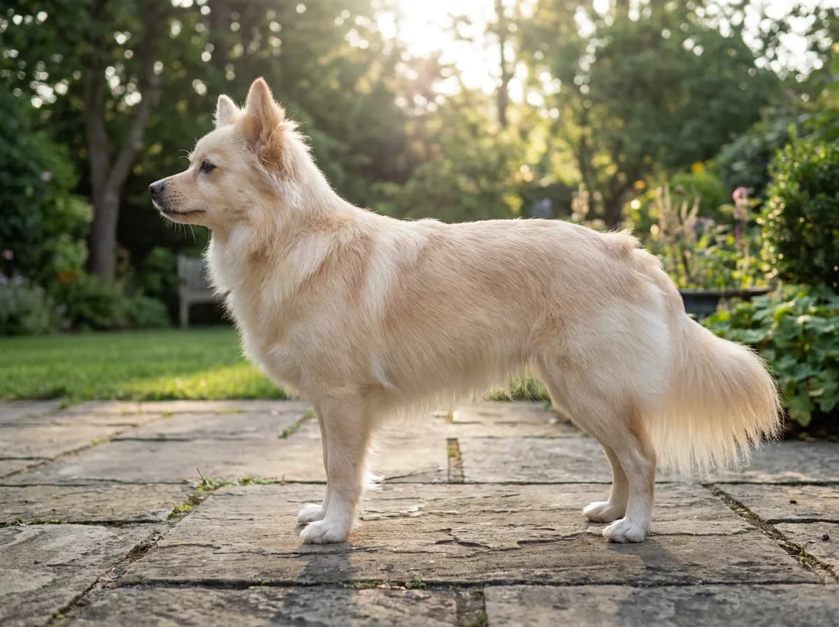 Cream adult mixed toy dog standing in side profile