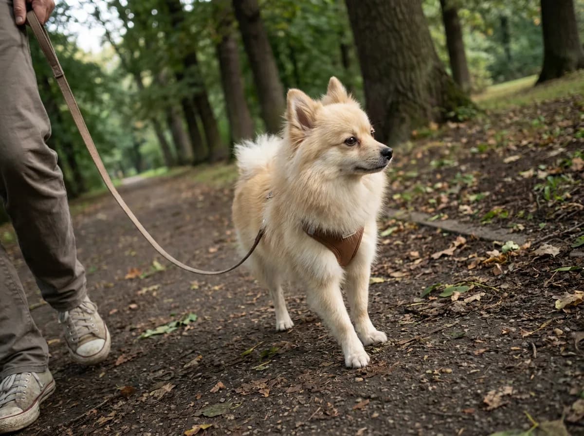 Cream mixed toy dog walking in a harness on a woodland path