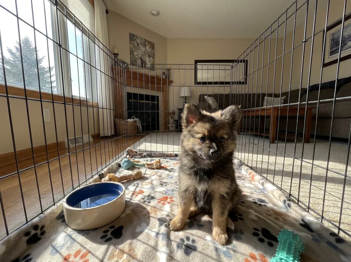 Sable mixed toy puppy in a play pen